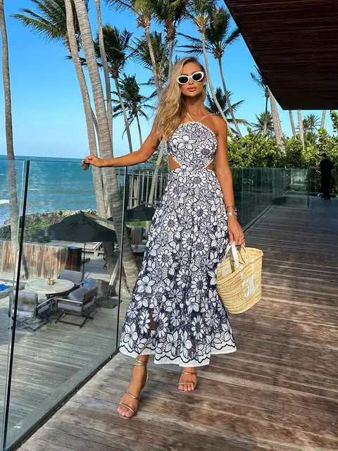 Bohemian Sexy Printed Women Dresses Halter Sleeveless Backless Naked Waist Long Dress Fashion Summer Beach Holiday