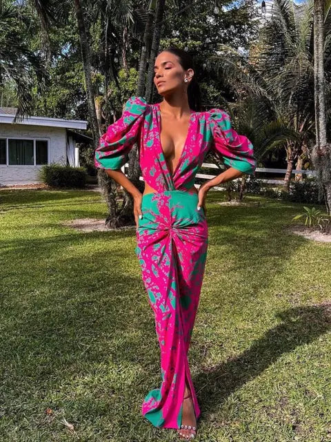 V Neck Dress Women Elegant Print Cutout Short Puff Sleeve Long Dress Summer Bodycon Evening Party Clothing