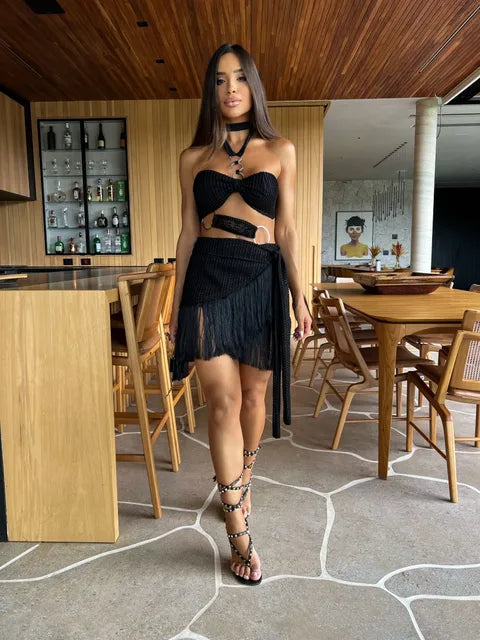 Summer Sexy Tassel Women Two Piece Bikini Set Halter Lace Bra Tassel Mini Skirt Suit Beach Vacation Casual Female Bathing Suit