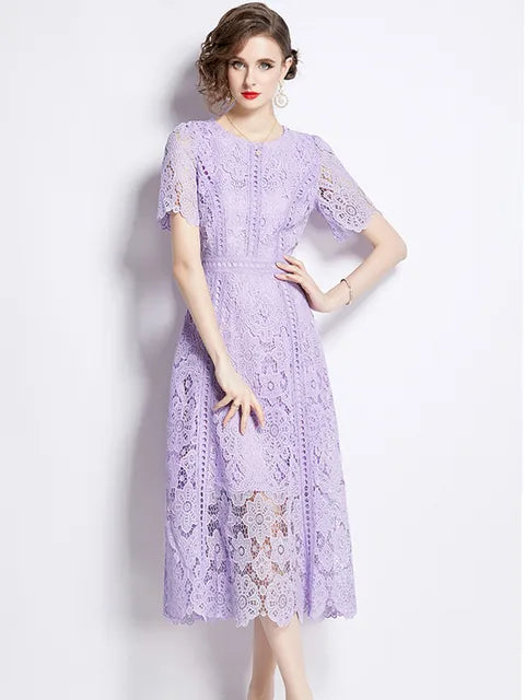 High-End O-Neck Short Sleeve Lace Hollow Out Dress For Women's Summer Slim Elegant Long Dress