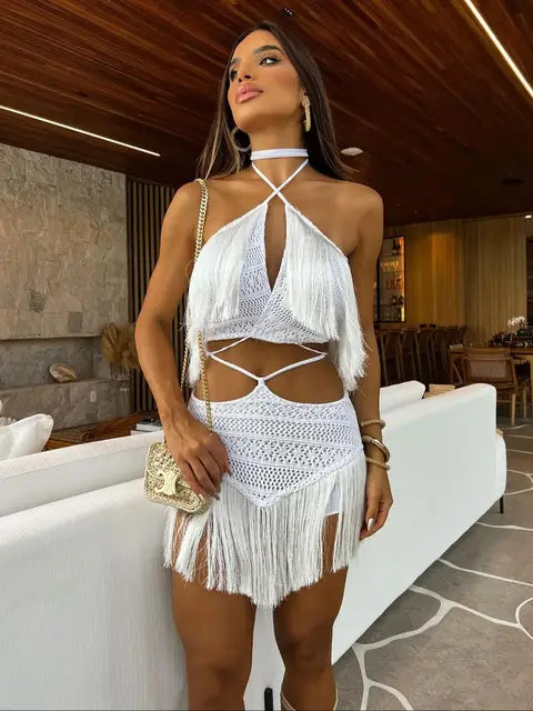 Summer Sexy Tassel Women Two Piece Bikini Set Halter Lace Bra Tassel Mini Skirt Suit Beach Vacation Casual Female Bathing Suit
