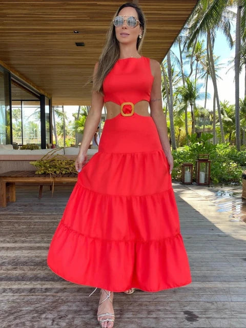 Women O Neck Dress Fit and Flare Long Dress Back Zipper Beachwear Women Hollow Out Party Dresses Casual Summer Clothing