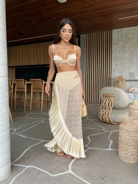 Fashion Sexy Solid Three Piece Bikini Set Padded Bra Tassel High Waist Beach Skirt Swimwear Summer Beach Holiday Bathing Suit