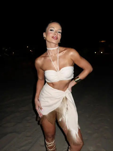 Summer Sexy Tassel Women Two Piece Bikini Set Halter Lace Bra Tassel Mini Skirt Suit Beach Vacation Casual Female Bathing Suit