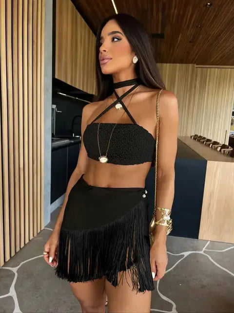 Summer Sexy Tassel Women Two Piece Bikini Set Halter Lace Bra Tassel Mini Skirt Suit Beach Vacation Casual Female Bathing Suit