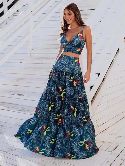 New Women Two-piece Skirt Suit Straps Tube Top Skirt Printed Naked Waist Chic Beach Dance Robe