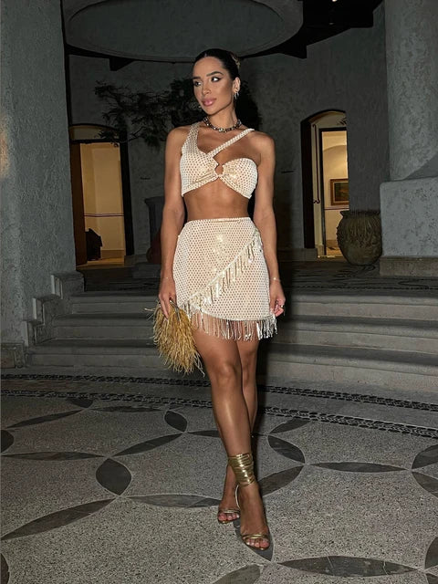 Summer Sexy Tassel Women Two Piece Bikini Set Halter Lace Bra Tassel Mini Skirt Suit Beach Vacation Casual Female Bathing Suit