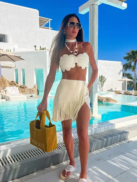 Summer Sexy Tassel Women Two Piece Bikini Set Halter Lace Bra Tassel Mini Skirt Suit Beach Vacation Casual Female Bathing Suit