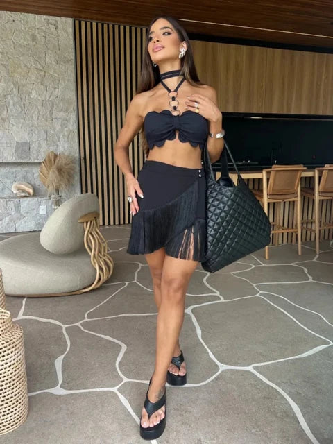 Summer Sexy Tassel Women Two Piece Bikini Set Halter Lace Bra Tassel Mini Skirt Suit Beach Vacation Casual Female Bathing Suit