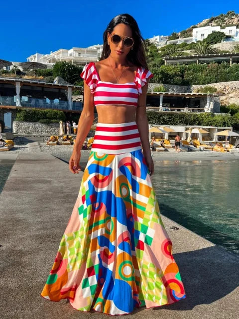 New Women Two-piece Skirt Suit Straps Tube Top Skirt Printed Naked Waist Chic Beach Dance Robe