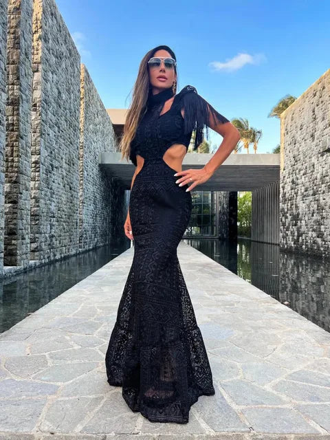 Sexy White Lace Women Dress Turtleneck Tassel Sleeve Slim Naked Waist Hollow Out Long Dress Summer Beach