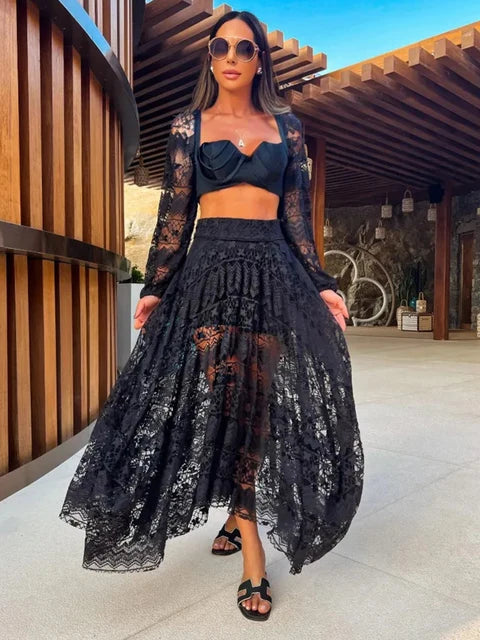 Sexy Black Lace Skirt Two Piece Set Long Sleeve V-neck Top High Waist See Through Skirt Suit Summer Beach Style Set