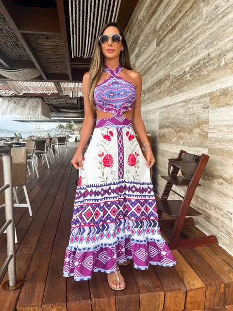Bohemian Sexy Printed Women Dresses Halter Sleeveless Backless Naked Waist Long Dress Fashion Summer Beach Holiday