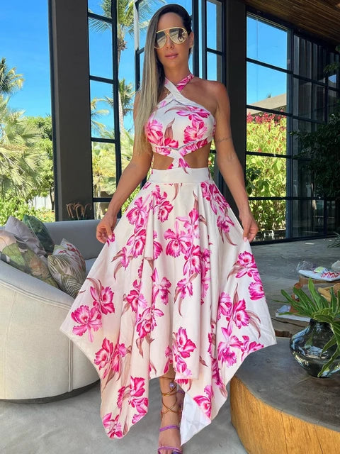 Bohemian Sexy Printed Women Dresses Halter Sleeveless Backless Naked Waist Long Dress Fashion Summer Beach Holiday