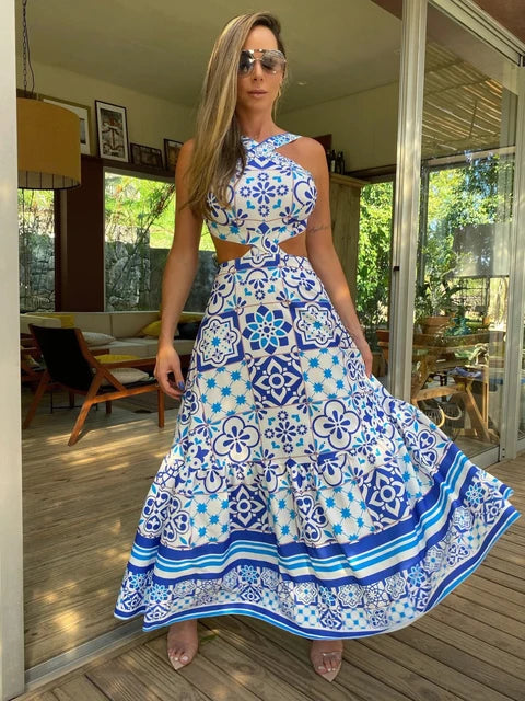 Bohemian Sexy Printed Women Dresses Halter Sleeveless Backless Naked Waist Long Dress Fashion Summer Beach Holiday