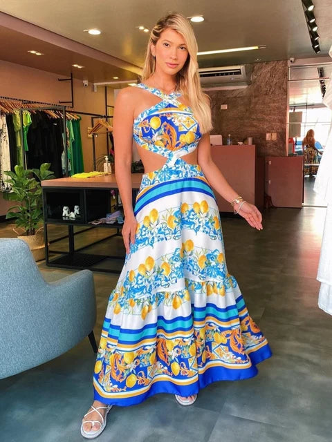 Bohemian Sexy Printed Women Dresses Halter Sleeveless Backless Naked Waist Long Dress Fashion Summer Beach Holiday