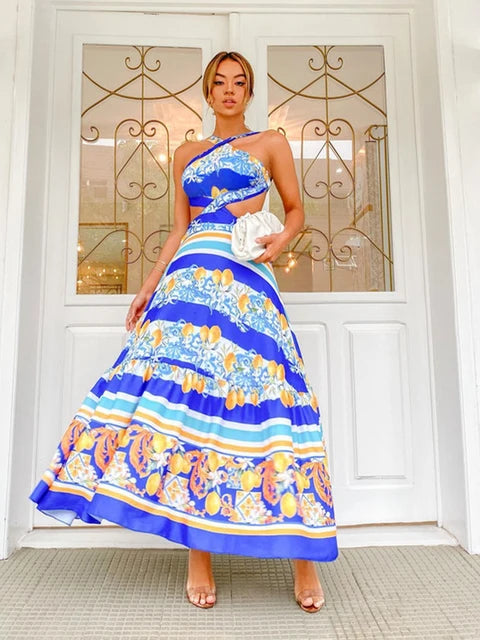 Bohemian Sexy Printed Women Dresses Halter Sleeveless Backless Naked Waist Long Dress Fashion Summer Beach Holiday