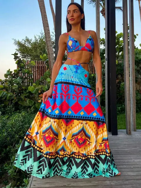 New Women Two-piece Skirt Suit Straps Tube Top Skirt Printed Naked Waist Chic Beach Dance Robe