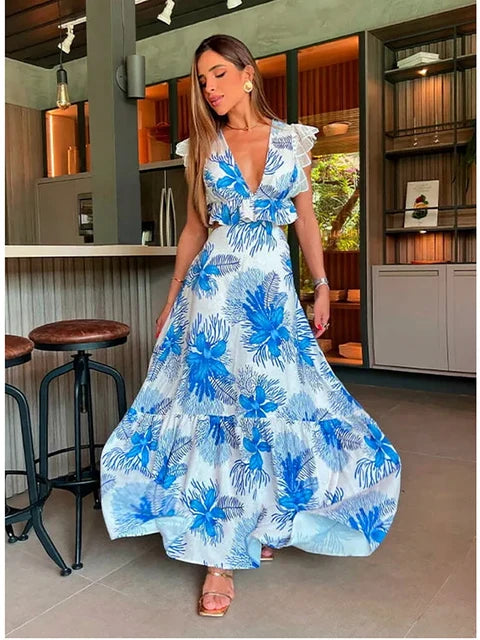 Blue Floral Print White Dresses Women Lace Hollow Out Long Dress Holiady Summer Bodycon Elegant Ruffles