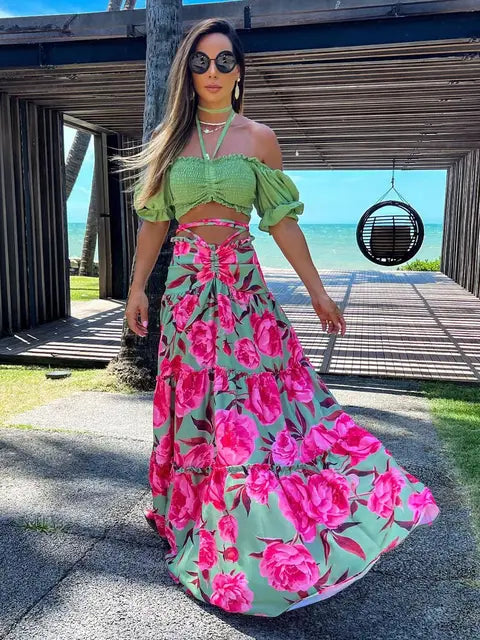 Two Piece Set For Women High Waist Skirt Off-shoulder Top Bandage Clothing A-line Ladies Dresses Summer Beach Vacation Skirt Set