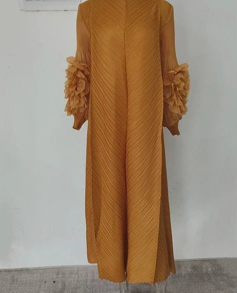 Maxi Pleated Dress Round Neck Spliced Full Sleeve Dresses For Women