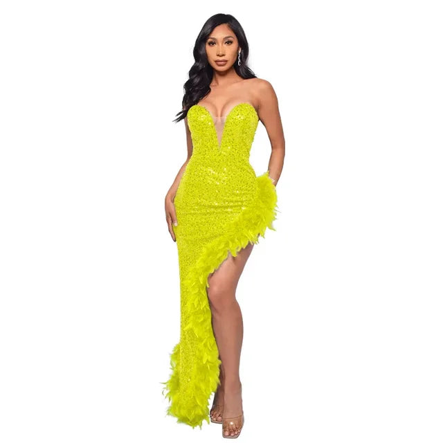 Women Sequined Strapless Feather High Side Split Strapless Bodycon Midi Maxi Dress Sexy Club Evening Party Dresses Night Lady