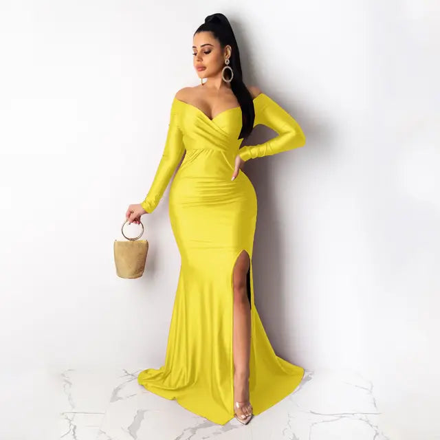Fall Winter Women Off Shoulder Plunging V-neck High Side Split Mermaid Maxi Dress Sexy Night Party Club Long Dresses