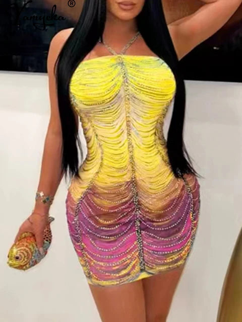 Backless mini rhinestone party dress women elegant luxury bodycon club evening dresses