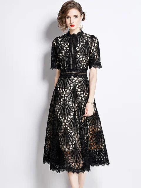 Stand Collar Lace Short Sleeve Summer Dress Women's Vintage Elegant Fashion Long Dresses