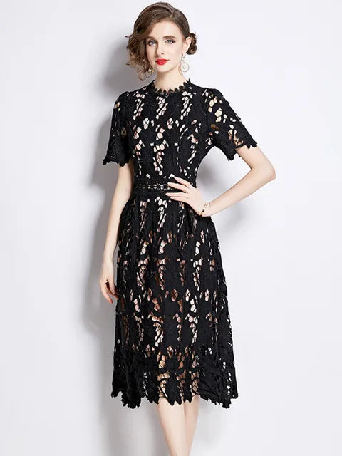 Embroidered Lace Hollow Out Dress Women's O-Neck Short Sleeve Long Dresses