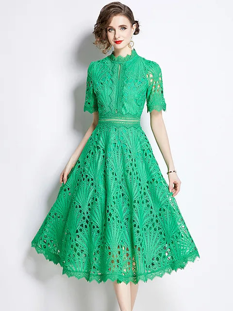Stand Collar Lace Short Sleeve Summer Dress Women's Vintage Elegant Fashion Long Dresses