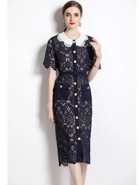 Women's Vintage Elegant Sexy Lace Hollow Out Party Midi Dress