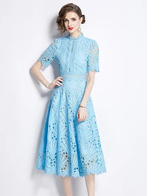 Stand Collar Lace Short Sleeve Summer Dress Women's Vintage Elegant Fashion Long Dresses
