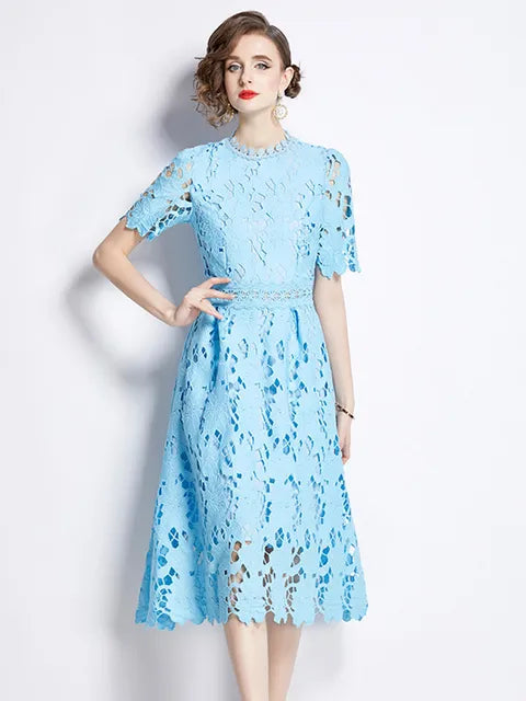 Embroidered Lace Hollow Out Dress Women's O-Neck Short Sleeve Long Dresses
