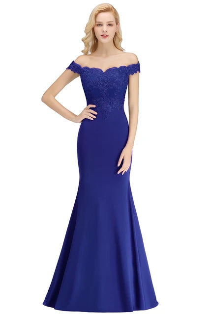 Embroidered Illusion Lace Tops Bridesmaid Dress Off-the-shoulder Neckline Draped Banded Sleeves Mermaid Gown