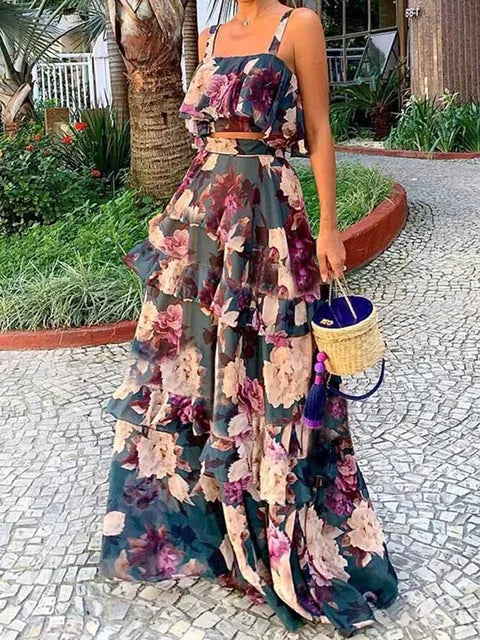 Women Two Pieces Beachwear Elegant Ruffles Sleeve Beach Dresses Leaf Print White Long Dress High Waist