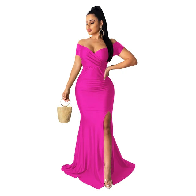 Fall Winter Women Off Shoulder Plunging V-neck High Side Split Mermaid Maxi Dress Sexy Night Party Club Long Dresses
