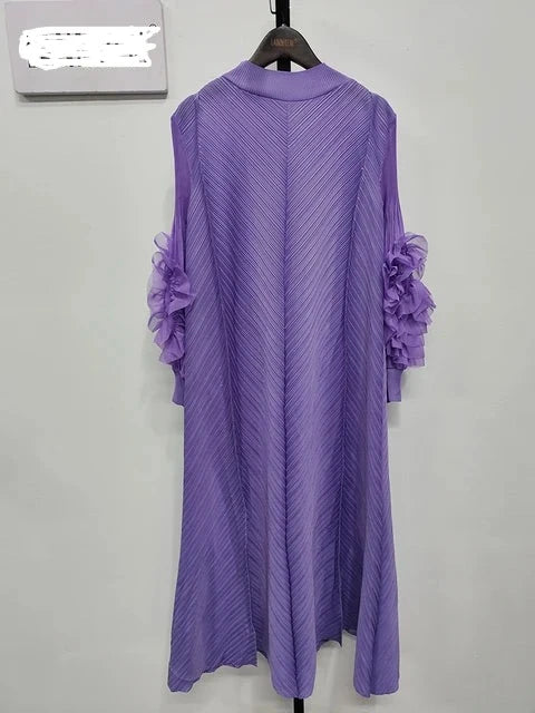 Maxi Pleated Dress Round Neck Spliced Full Sleeve Dresses For Women