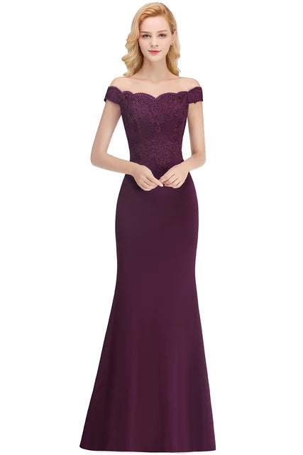 Embroidered Illusion Lace Tops Bridesmaid Dress Off-the-shoulder Neckline Draped Banded Sleeves Mermaid Gown