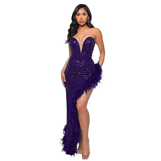 Women Sequined Strapless Feather High Side Split Strapless Bodycon Midi Maxi Dress Sexy Club Evening Party Dresses Night Lady