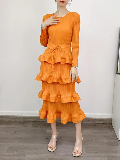 Long Pleated Dress Women Round Neck Solid Color Ruffles Belt Dresses Multi-layer Female Elegant Clothing