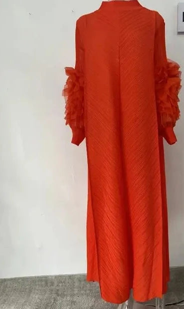 Maxi Pleated Dress Round Neck Spliced Full Sleeve Dresses For Women