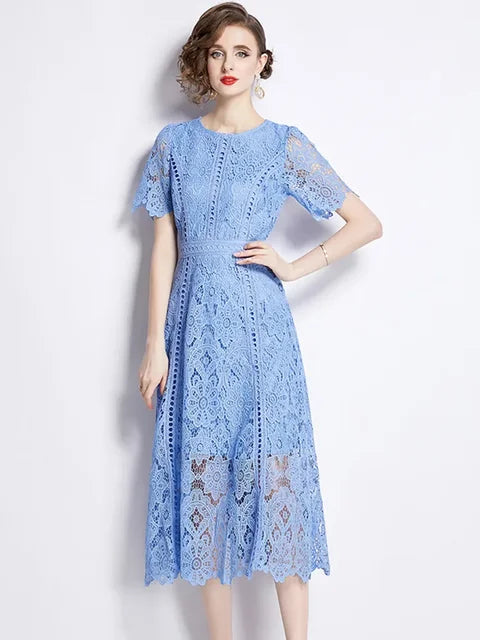 Lace Hollow Out Summer Dress Women's Embroidery Elegant Short Sleeve Dresses