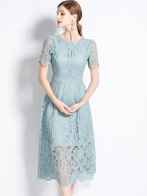 Lace Hollow Out Summer Dress Women's Embroidery Elegant Short Sleeve Dresses
