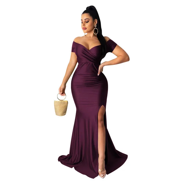 Fall Winter Women Off Shoulder Plunging V-neck High Side Split Mermaid Maxi Dress Sexy Night Party Club Long Dresses
