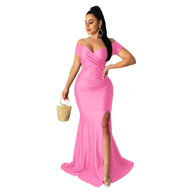Fall Winter Women Off Shoulder Plunging V-neck High Side Split Mermaid Maxi Dress Sexy Night Party Club Long Dresses