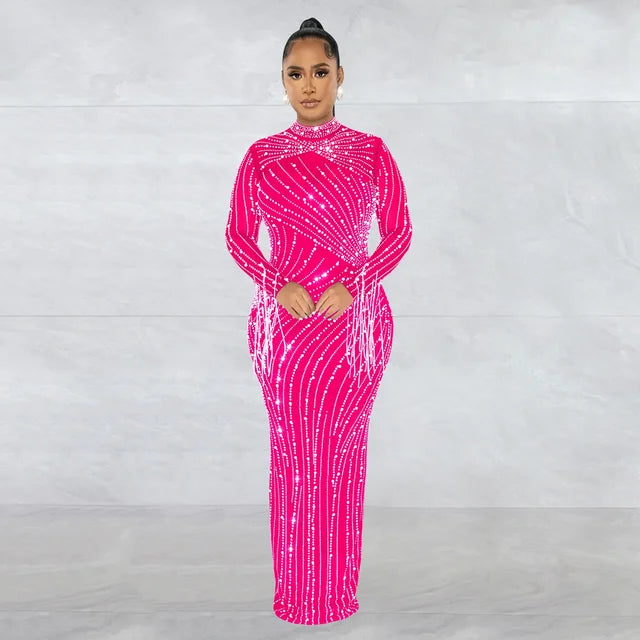 Women Mesh Tassel Long Sleeve Diamonds Hot Rhinestones Bodycon Midi Maxi Long Dress and Tank Inner Dresses 2piece Suit