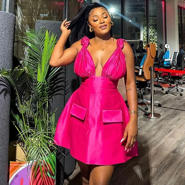 Summer Women Sleeveless Elegant V-Neck High Waist A-Line Dress Bow Strap Backless Night Club Party Dresses