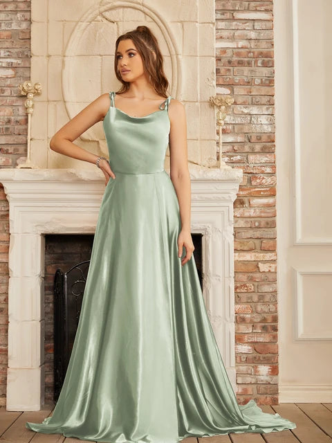 Mint Green Bridesmaid Dresses Satin Maxi Flared Dress High Slit Sexy Open Back A Line Wedding Evening Gown