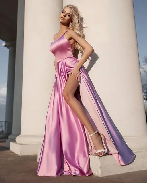 Burgundy Satin Maxi Flared Bridesmaid Dress Slit Sexy Open Back A Line Wedding Evening Gown with Train